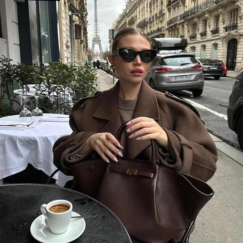 Woolen Breasted Long Coat Women Lapel Double Breasted Casual Pocket Chic Elegant Outwear Autumn Winter Street Lady Overcoat