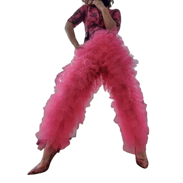 Women Pants Tulle Pants Solid Patchwork Multi-Layer Ruffle Yarn High Waist Female Trousers Fashion Trousers Club Party Costumes