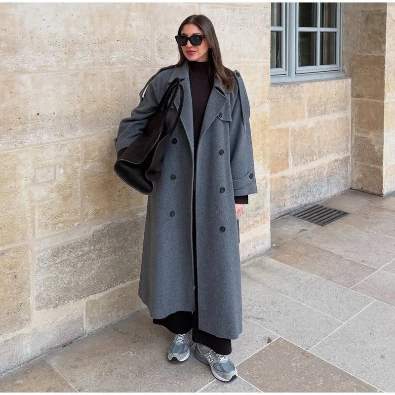 Woolen Breasted Long Coat Women Lapel Double Breasted Casual Pocket Chic Elegant Outwear Autumn Winter Street Lady Overcoat