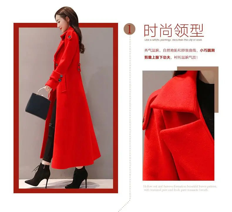 Women's Long Woolen Coat 2023 Spring Autumn New Korean Waist Slimming Over-Knee Thick Keep Warm Woolen Coat Lady Overcoat
