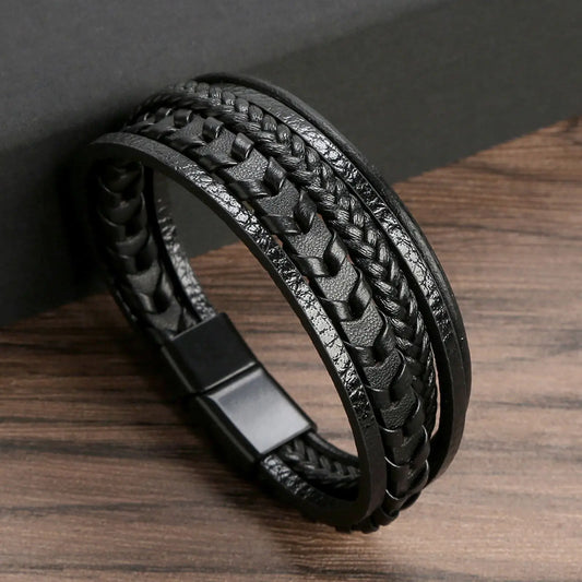 Men Bracelets Vintage Multilayer Leather Braid Bracelets Bangles Handmade Magnetic Buckle Rope Wrap Bracelets Male Gift