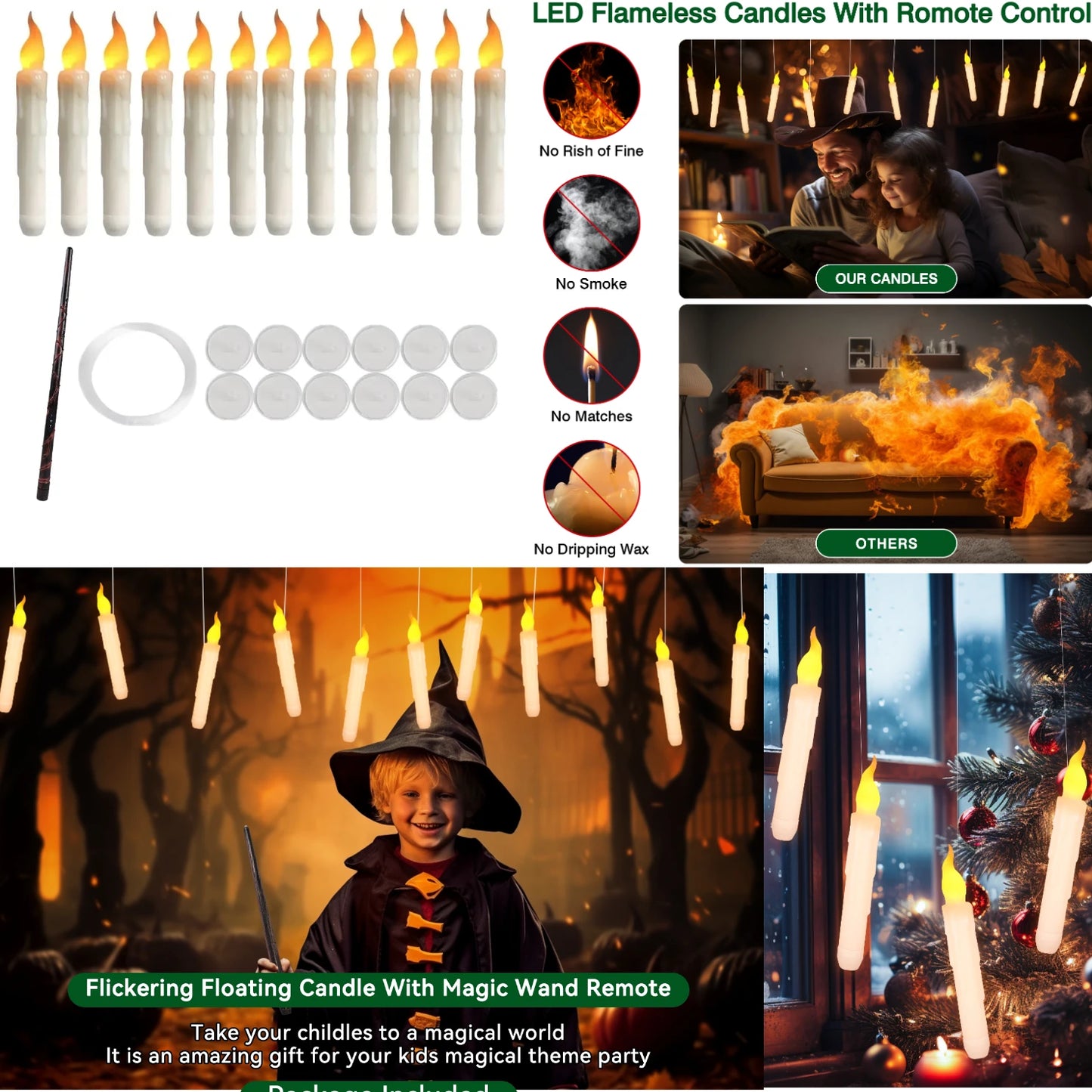 Floating Candles with Magic Wand Remote Control Flickering Warm Light Flameless Taper Candle for Christmas/Wedding/Party Home