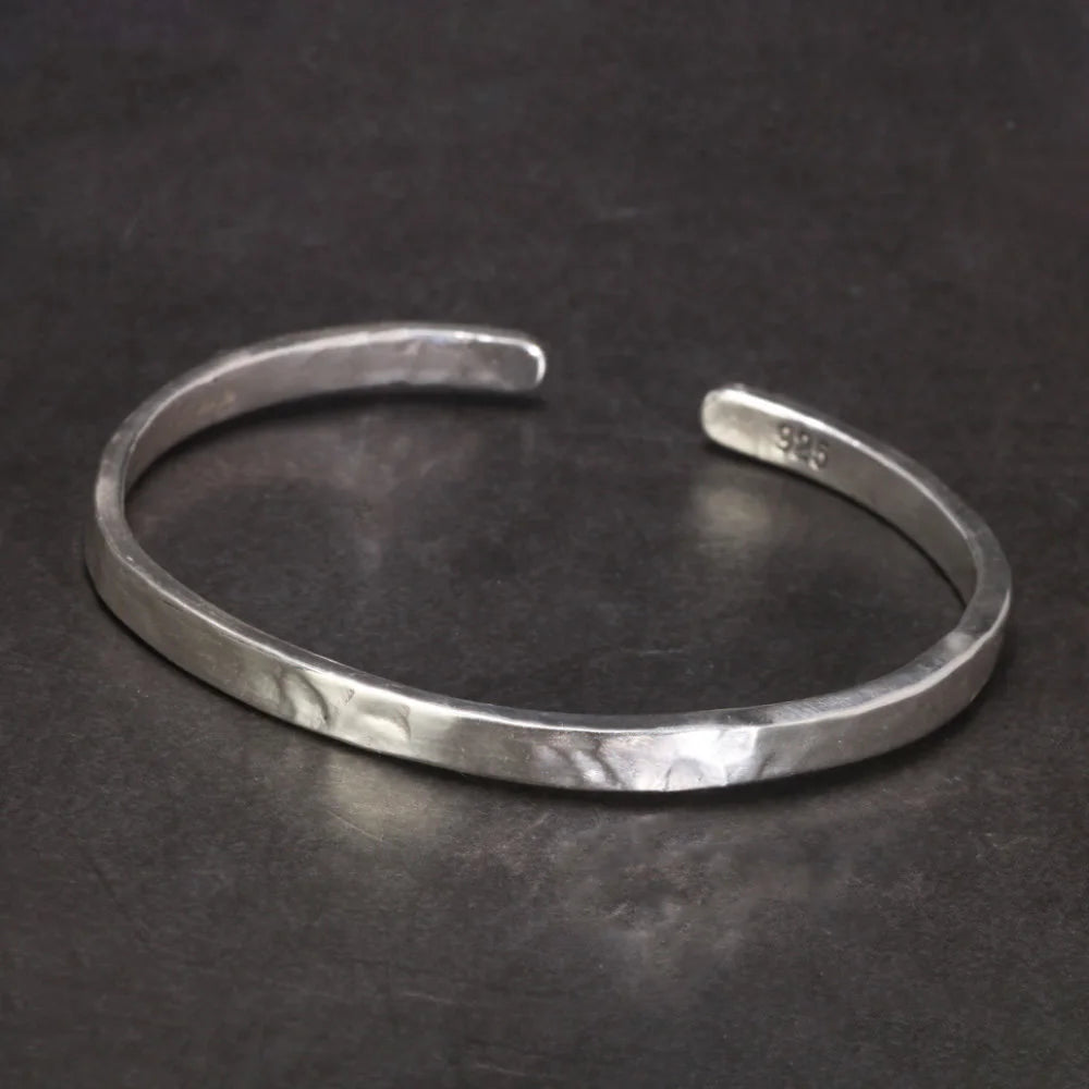 Real 925 Sterling Silver Hammered Cuff Bangles for Men and Women Handmade Polished Fine Jewelry