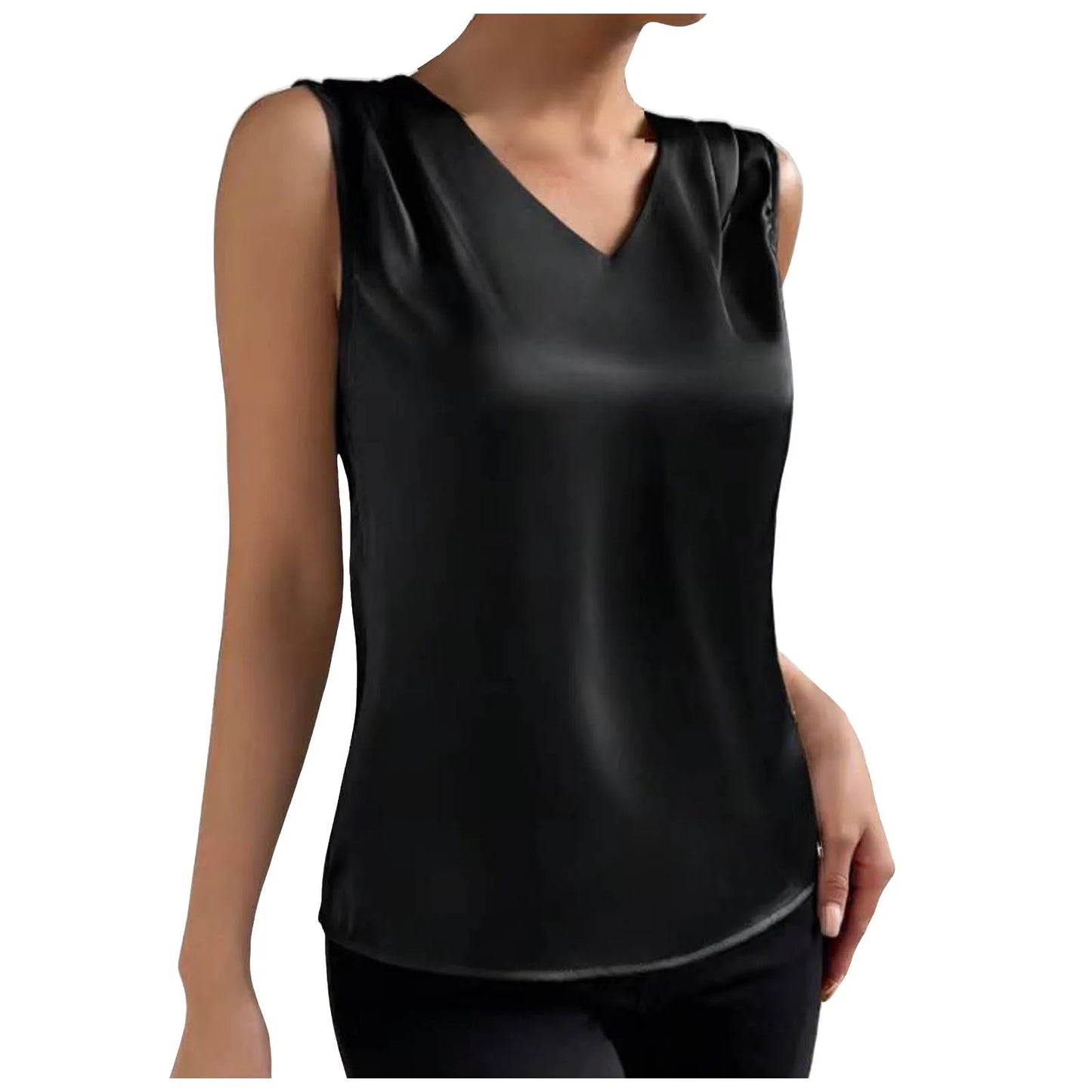 Coffee Tops For Women Summer V Neck Casual Soild Color Satin Sleeveless Basic Vest Shirt Fashionable Simple Apparel Shirts