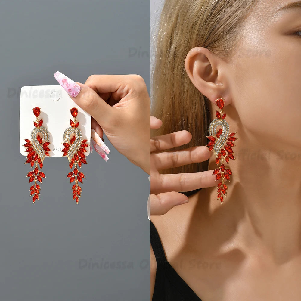 Design Dangle Earrings For Women Girl Luxury Elegant Metal Hollow Chain Leaves Crystal Brincos Pendant Jewelry Ear Accessories