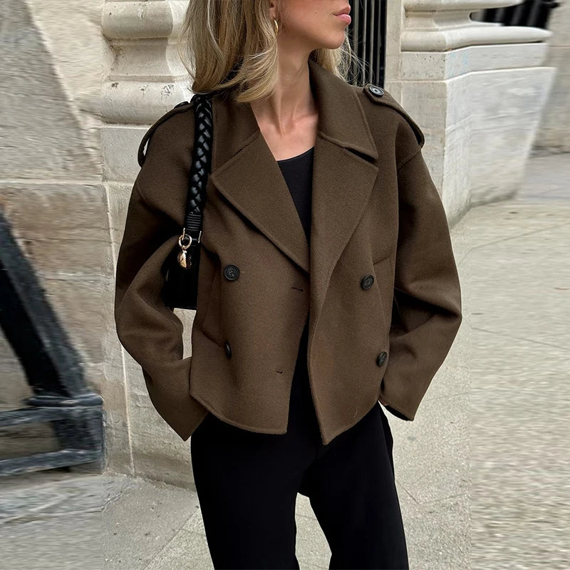Woolen Breasted Long Coat Women Lapel Double Breasted Casual Pocket Chic Elegant Outwear Autumn Winter Street Lady Overcoat