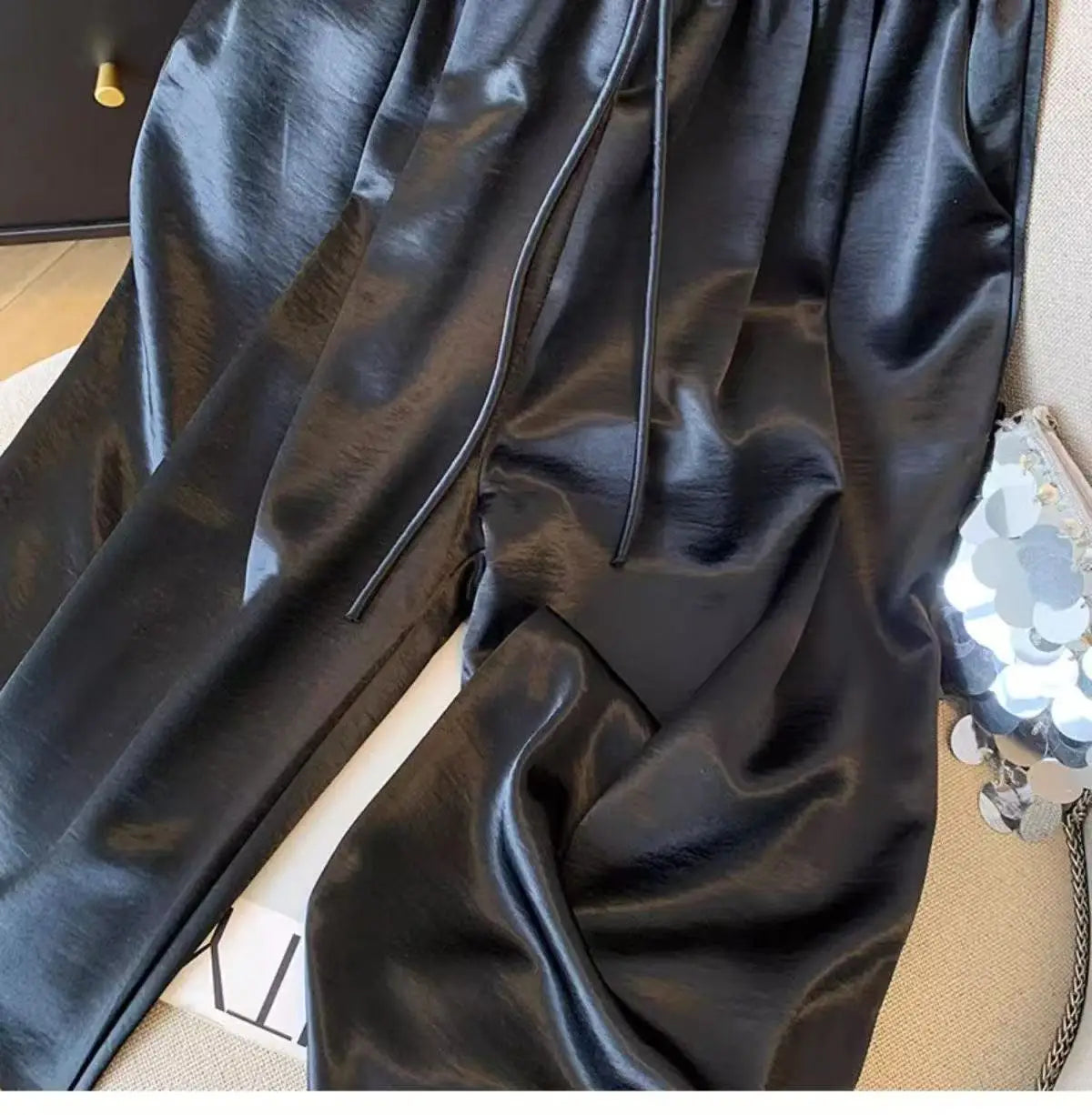 2025 Women's Loose Casual Trousers Summer New Lightweight Satin High Waist Wide Leg Pants Vintage All-match Straight Pants Femme