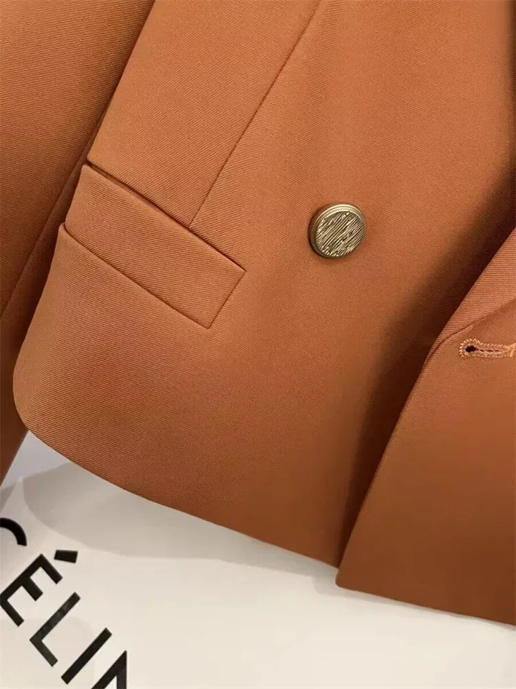 Women's Short Suit Jacket  Autumn 2025 Female Casual Suit Double-breasted Office Lady Solid Coffee Turndown Collar Blazers Women
