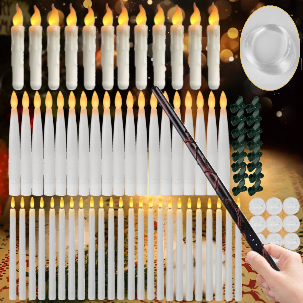 Floating Candles with Magic Wand Remote Control Flickering Warm Light Flameless Taper Candle for Christmas/Wedding/Party Home