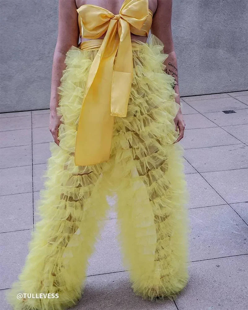 Women Pants Tulle Pants Solid Patchwork Multi-Layer Ruffle Yarn High Waist Female Trousers Fashion Trousers Club Party Costumes