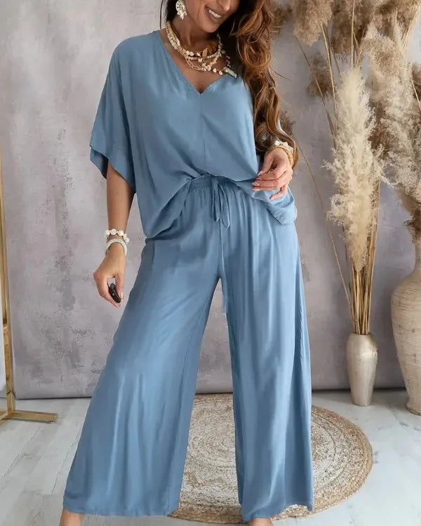 Women's Summer Trousers Suit V-neck Bat Sleeve Casual Top Lace-up Trousers Loose Solid Color Suit Two-piece Set