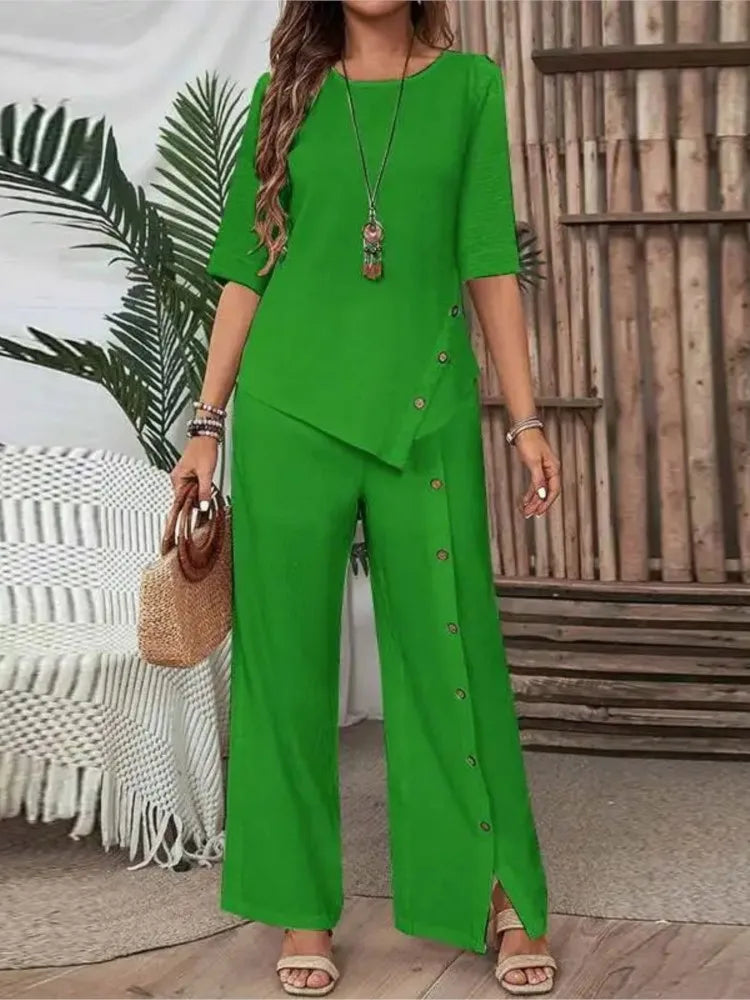 Women's Irregular Hem Trousers Set Summer Elegant Fashion Casual Button Short-sleeved Shirt Loose Casual Trousers Two-piece Set