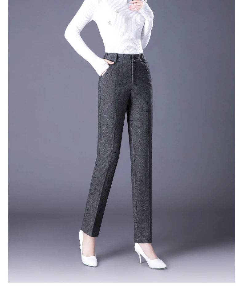 Woolen Trousers Women's Fall/winter High-waist Elastic Striped Straight-leg Pants Slim-fit Warm Trousers Pants for Women