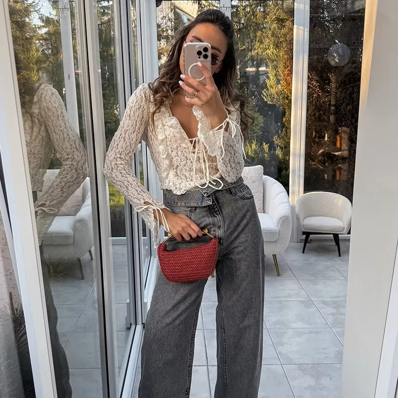 Women's Tops Summer 2025 New Chic Lace Perspective Elegant Holiday Tops Women Street Fashion Slim V-neck Youth Tops