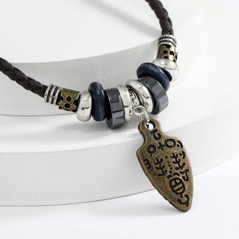 Men Women Leather Necklace Vintage Tribal Style Boho Hipppie Black Braided Beaded Necklaces with Charm Pendant for Daily Use