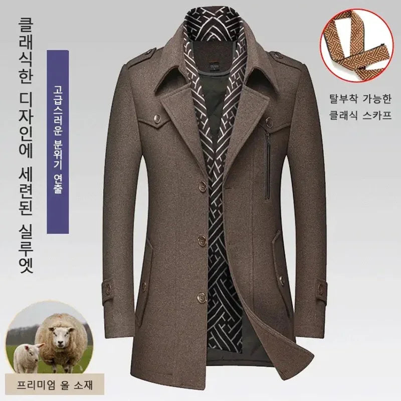 Men's Woolen Coats Fashion Thicken Mid Length Trench Turn Down Collar Warm Outerwear Business Casual Wool Coat
