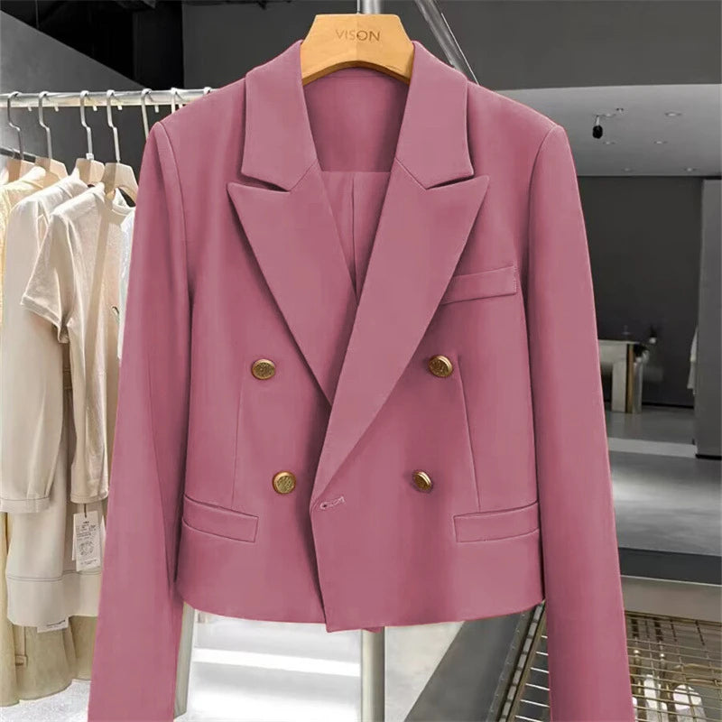 Women's Short Suit Jacket  Autumn 2025 Female Casual Suit Double-breasted Office Lady Solid Coffee Turndown Collar Blazers Women