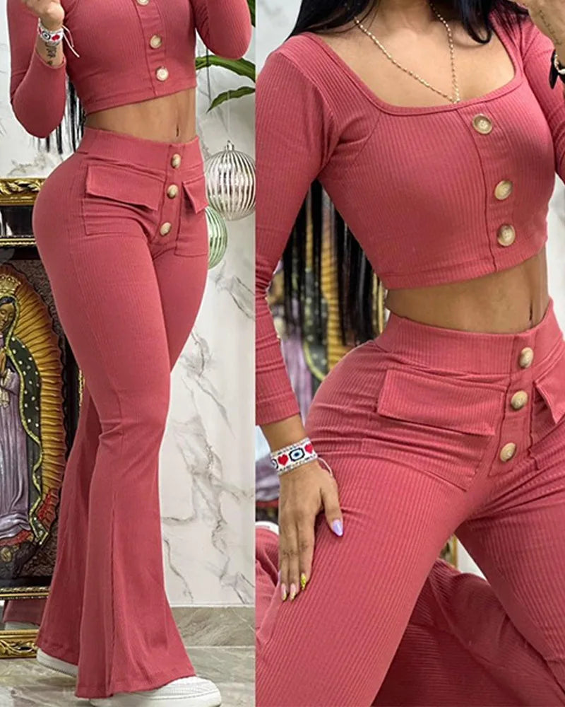 Elegant Suits for Women 2 Pieces Set Spring Autumn Fashion Square Neck Buttoned Top & Pocket Design Flared Pants Set Tracksuits