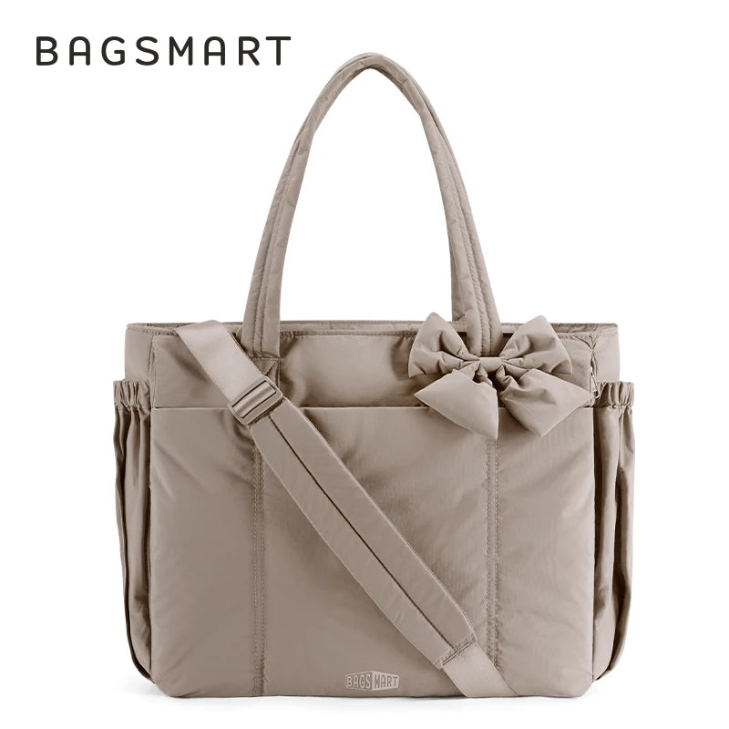 BAGSMART Padded Tote Bag With Bow Casual Quilted Padded Women Shoulder Bags Fit 15.6in Laptop Large Capacity Yoga Gym Bags