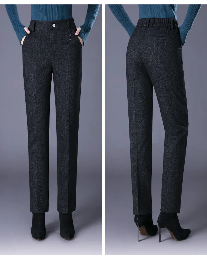 Woolen Trousers Women's Fall/winter High-waist Elastic Striped Straight-leg Pants Slim-fit Warm Trousers Pants for Women