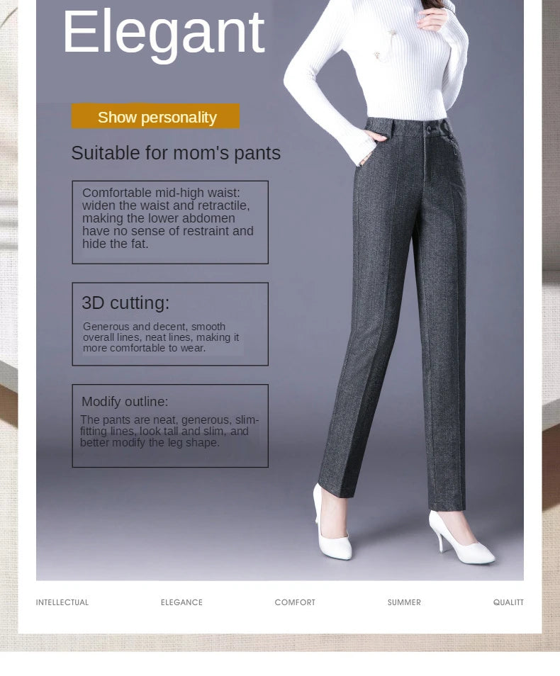 Woolen Trousers Women's Fall/winter High-waist Elastic Striped Straight-leg Pants Slim-fit Warm Trousers Pants for Women