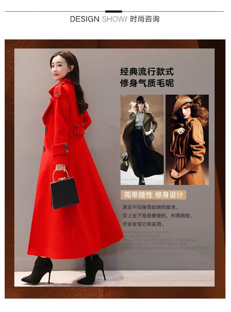 Women's Long Woolen Coat 2023 Spring Autumn New Korean Waist Slimming Over-Knee Thick Keep Warm Woolen Coat Lady Overcoat