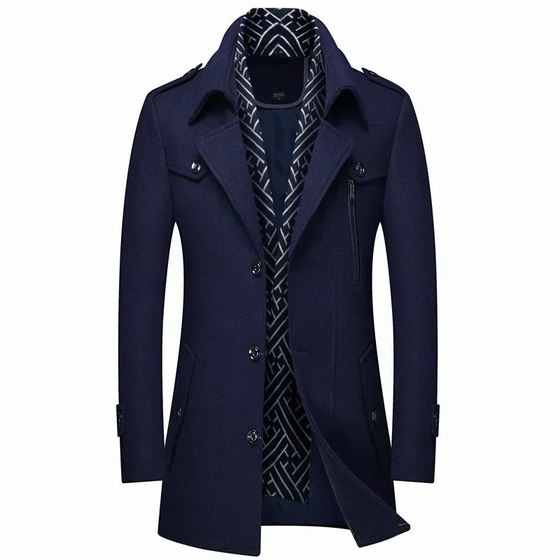 Men's Woolen Coats Fashion Thicken Mid Length Trench Turn Down Collar Warm Outerwear Business Casual Wool Coat