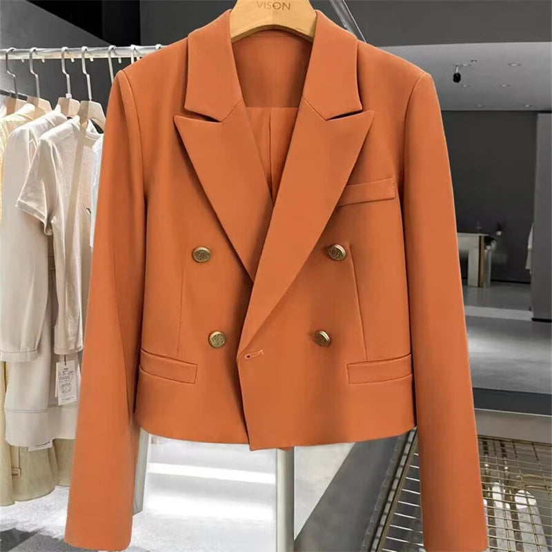 Women's Short Suit Jacket  Autumn 2025 Female Casual Suit Double-breasted Office Lady Solid Coffee Turndown Collar Blazers Women