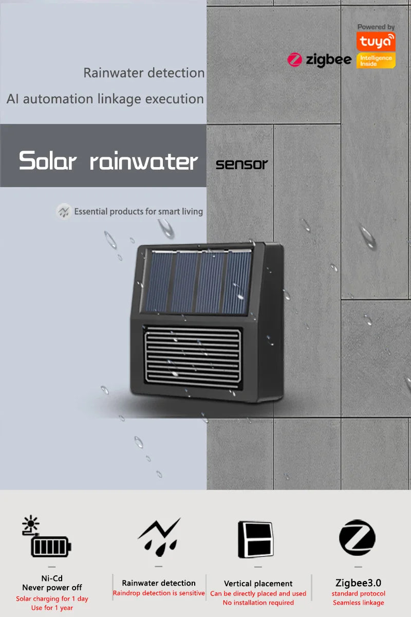 Smart Home Zigbee Solar Charging Real-time Rainwater Detector Smart Life App Controlled Wireless Solar Rain Sensors