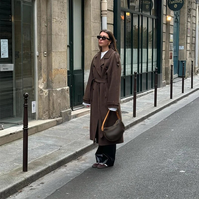 Woolen Breasted Long Coat Women Lapel Double Breasted Casual Pocket Chic Elegant Outwear Autumn Winter Street Lady Overcoat