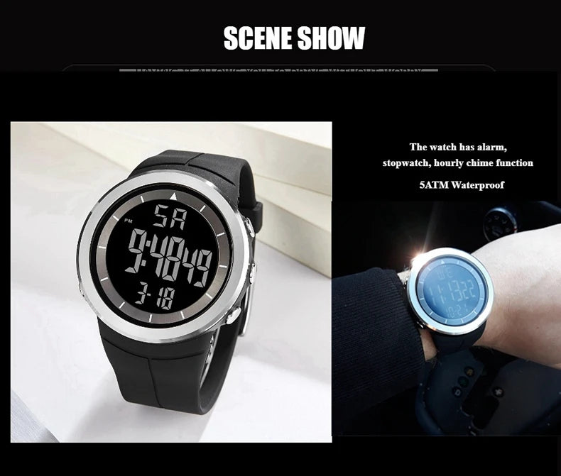 Digital Watches for Men Black 50M Diving Tactical Wristwatch Big Dial Waterproof Electronic Led Military Clocks Alarm Stopwatch