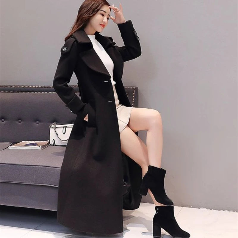 Women's Long Woolen Coat 2023 Spring Autumn New Korean Waist Slimming Over-Knee Thick Keep Warm Woolen Coat Lady Overcoat