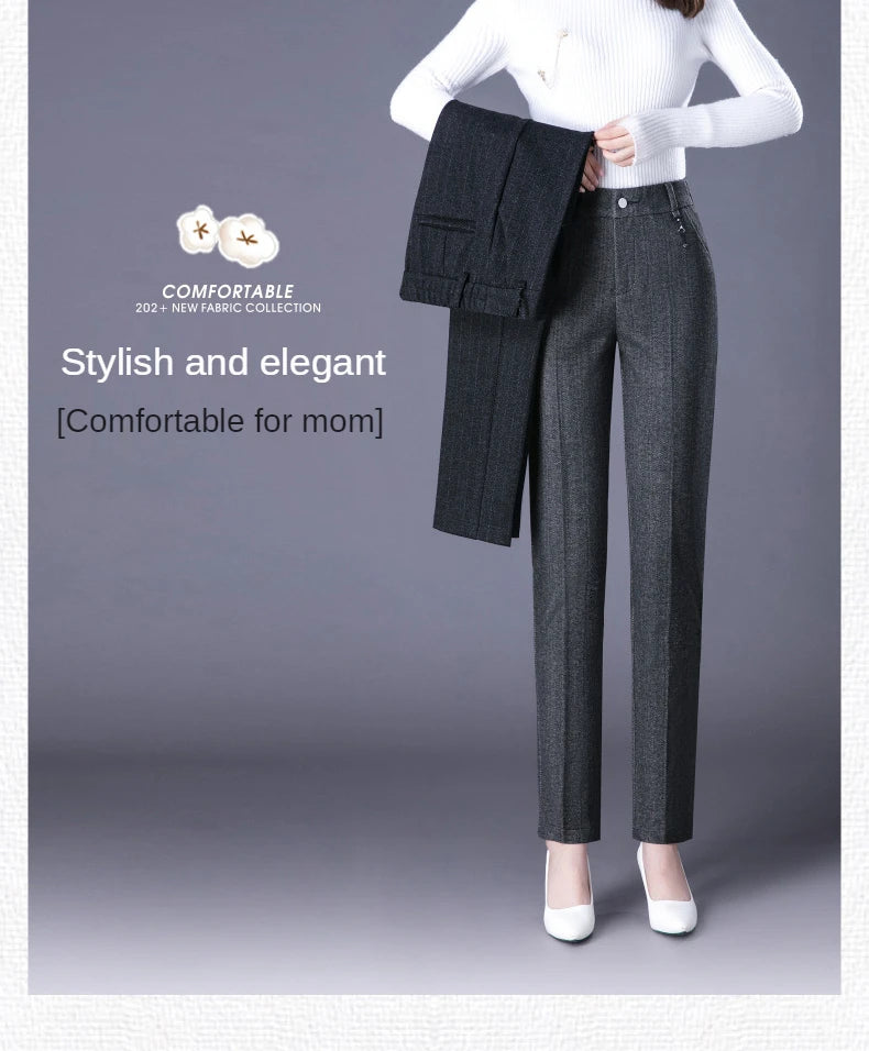 Woolen Trousers Women's Fall/winter High-waist Elastic Striped Straight-leg Pants Slim-fit Warm Trousers Pants for Women