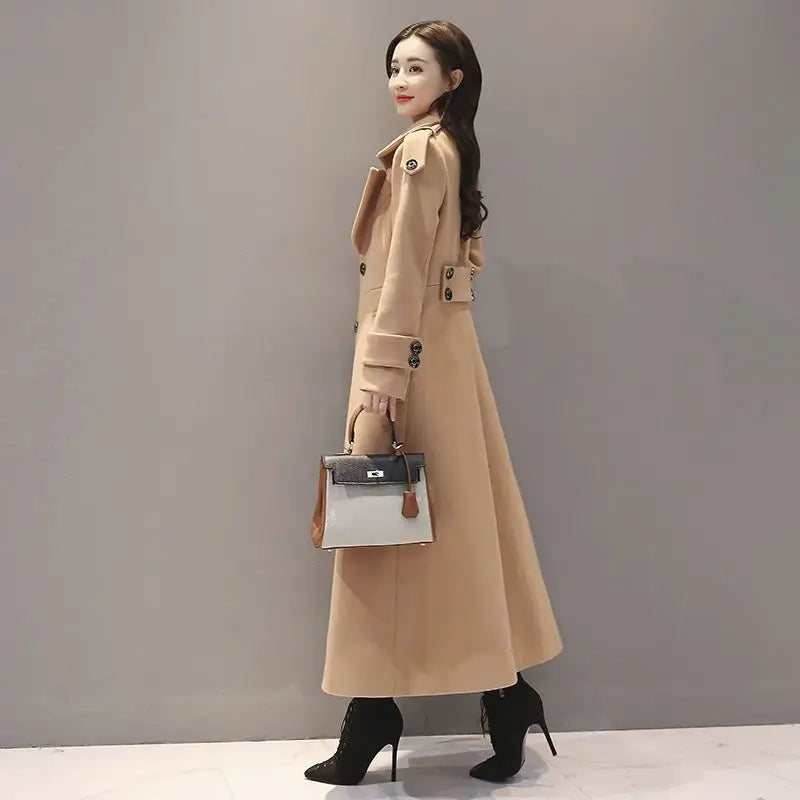 Women's Long Woolen Coat 2023 Spring Autumn New Korean Waist Slimming Over-Knee Thick Keep Warm Woolen Coat Lady Overcoat