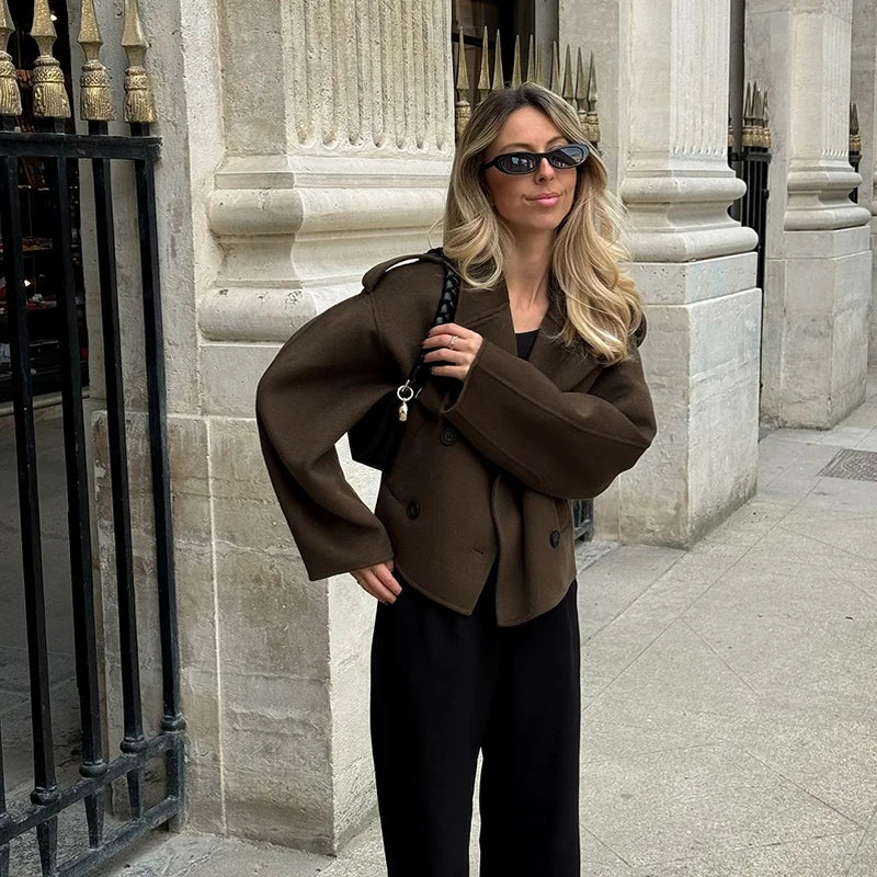 Woolen Breasted Long Coat Women Lapel Double Breasted Casual Pocket Chic Elegant Outwear Autumn Winter Street Lady Overcoat