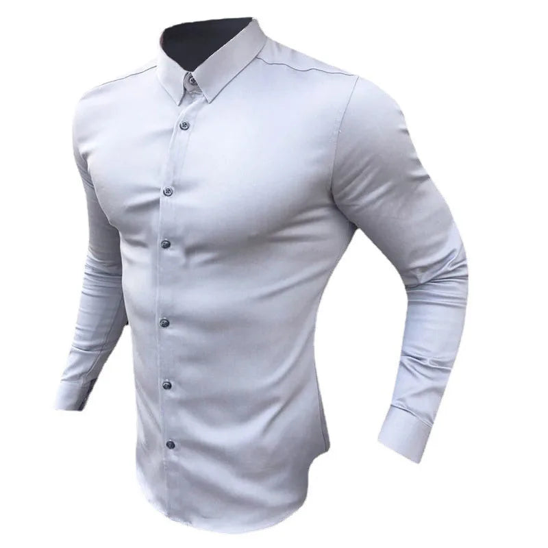 Men's Shirt Fashion Full Sleeve Shirt Men's Muscle Casual Slim-fit Business Dress Solid Color Shirt Men's Gym Fitness Men Shirt