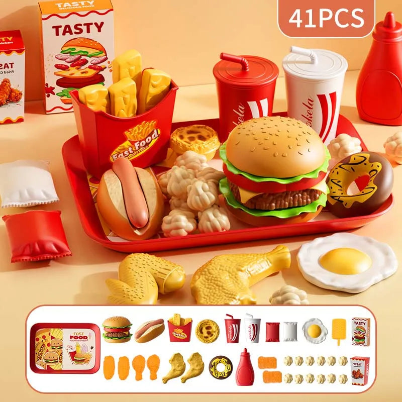 Kid Kitchen Toy Set Simulation Make Hamburger Pizza Fries Pretend Play Food Cooking Cutting Game Montessori Interactive Toy Gift