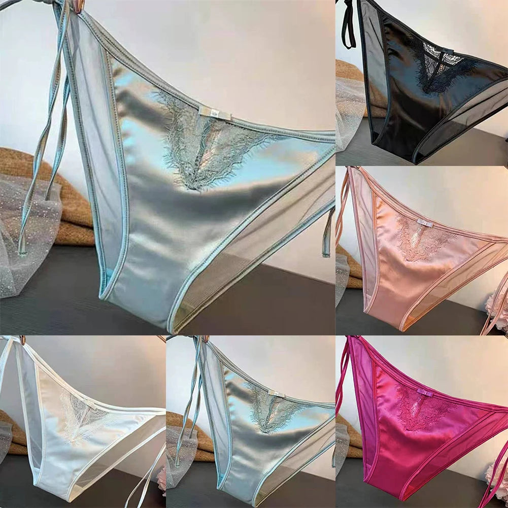 Women Lace Panties Lingerie Soft Silk Satin Underwear Knickers Briefs Seamless Simulated Silk Strap Low Waist Underwear For Lady