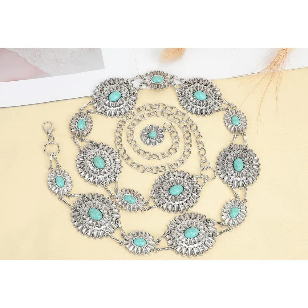Women Concho Chain Belt Metal Link Western Cowgirl Turquoise Chain Belt for Dress