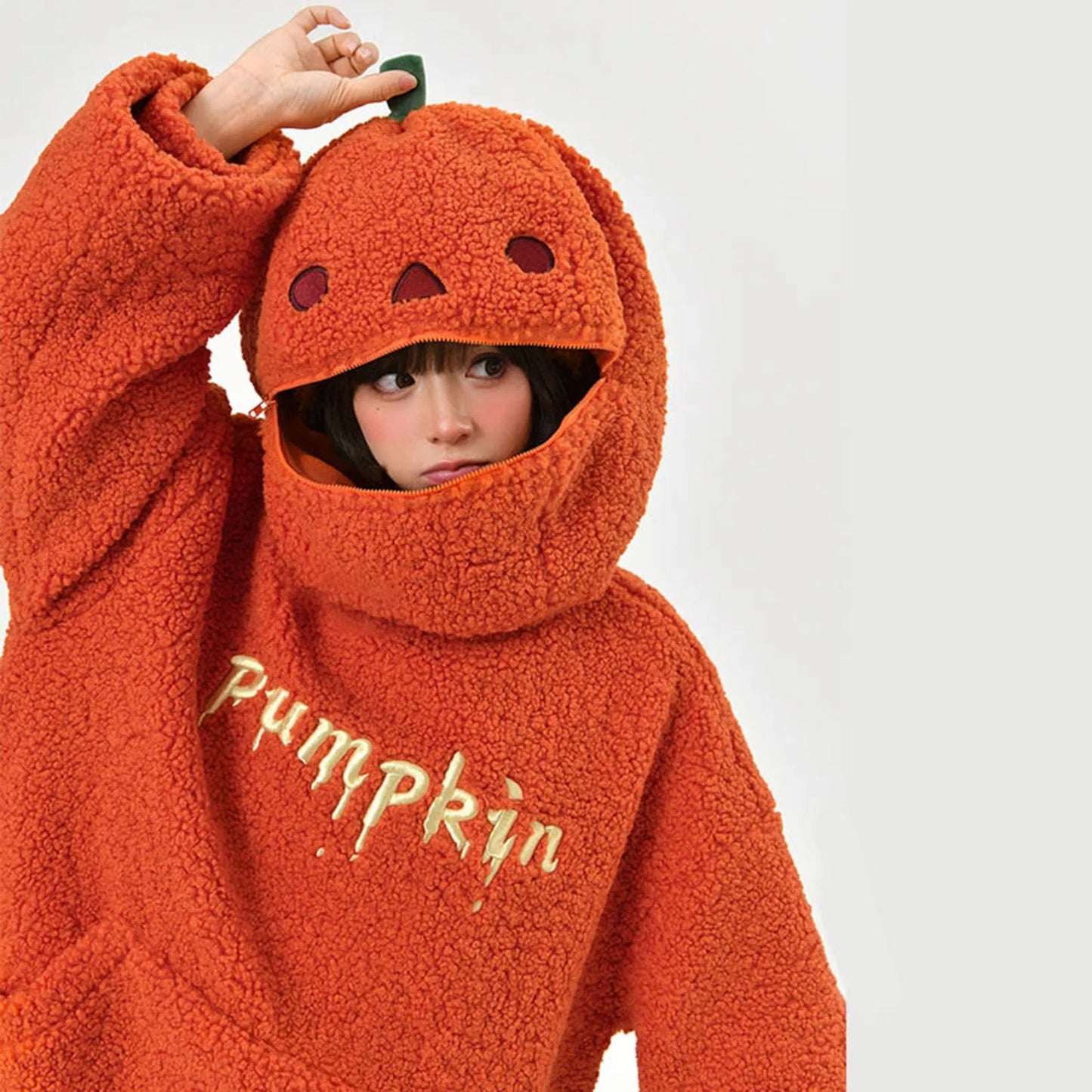 Women's Halloween Pumpkin Shaped Hoodie Autumn Round Neck Hooded Sweatshirt Double-Faced Fleece Cute Halloween Sweater Tops