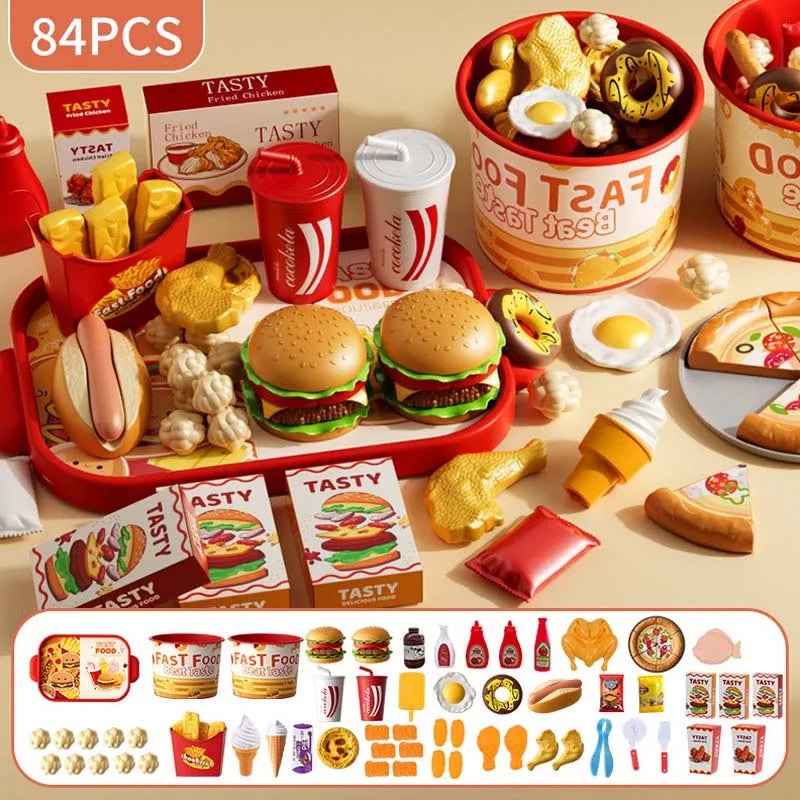 Kid Kitchen Toy Set Simulation Make Hamburger Pizza Fries Pretend Play Food Cooking Cutting Game Montessori Interactive Toy Gift