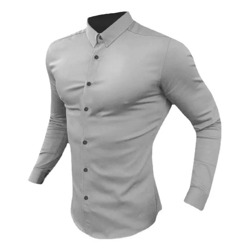 Men's Shirt Fashion Full Sleeve Shirt Men's Muscle Casual Slim-fit Business Dress Solid Color Shirt Men's Gym Fitness Men Shirt