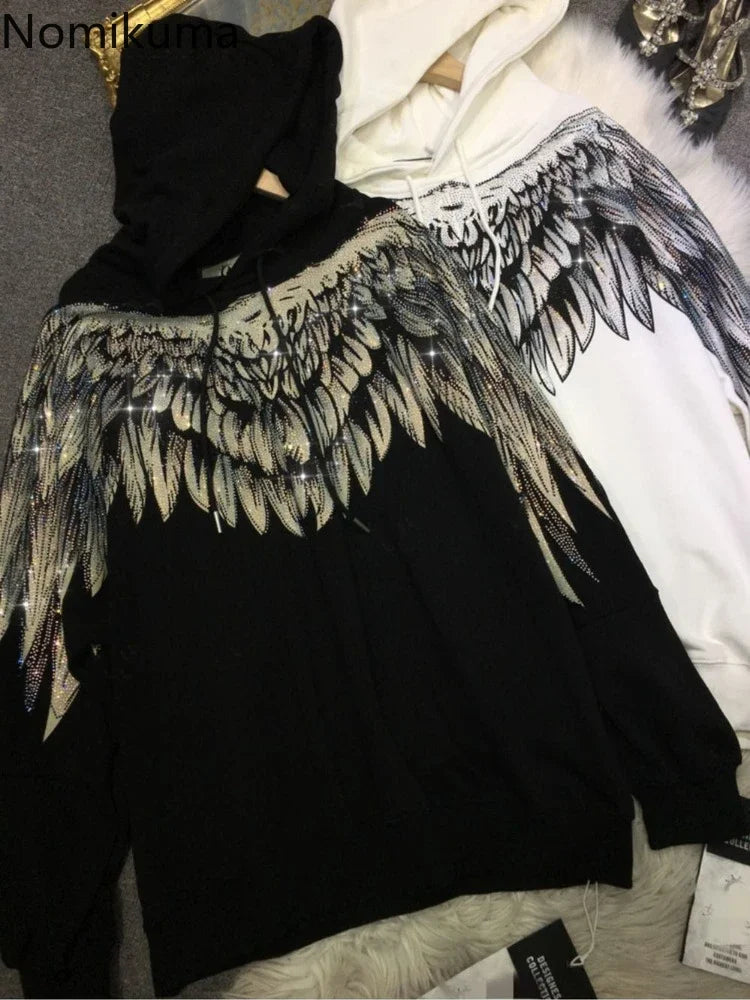 Streetwear Hoodie Women Clothing Harajuku Heavy Diamond Wings Hooded Sweatshirts Casual Fashion Hoodies Y2k Tops 2025 Ropa Mujer