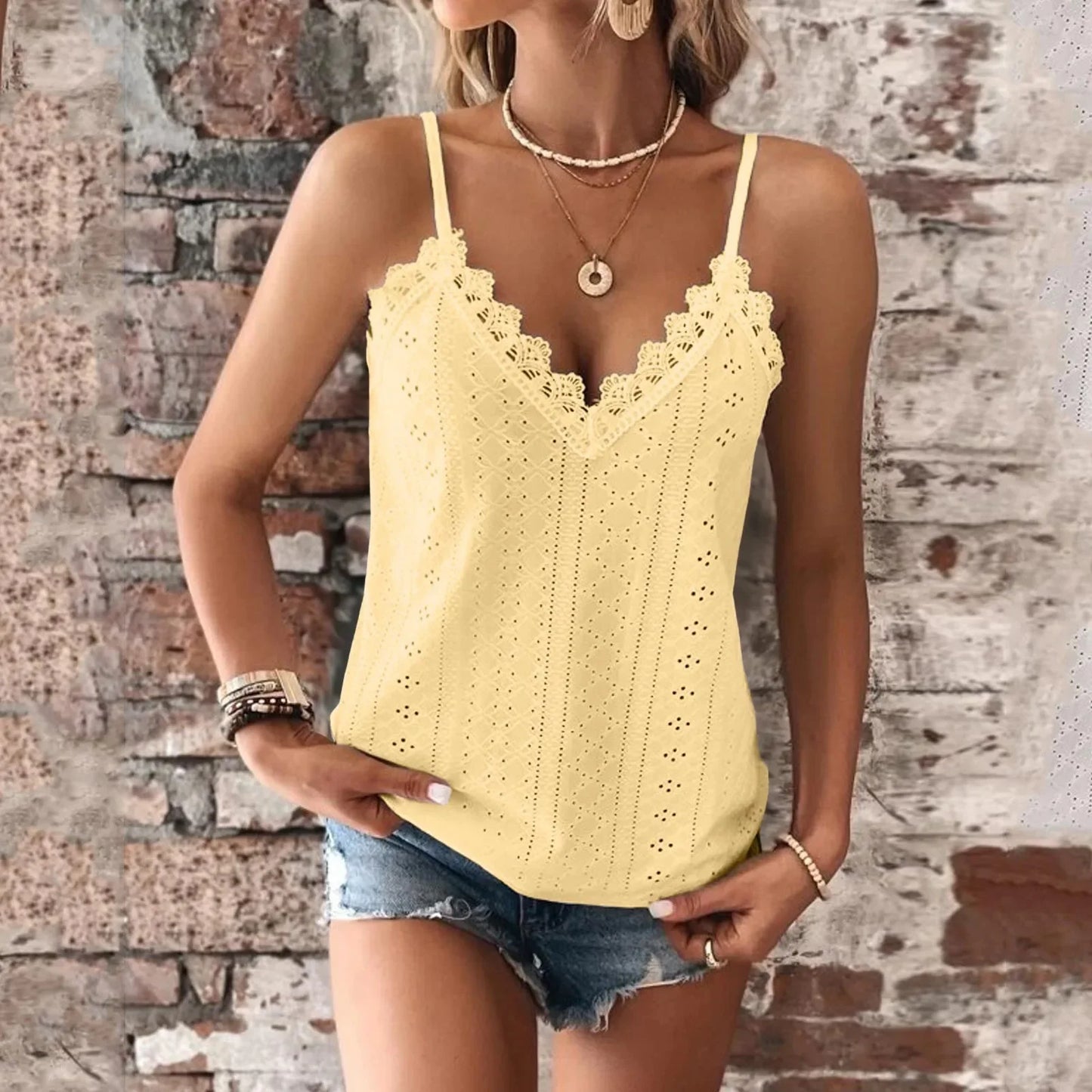 Women'S Tank Top V Neck Lace Camisole Casual Cute Summer Top Loose Fit Creme Crop Top Thin Strap Shirt Vest Clothing Woman