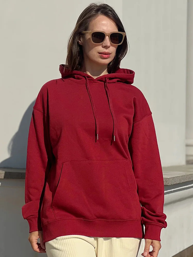 Solid Oversize Hoodies For Women Pocket Casual Loose Hooded Sweatshirt Woman Autumn Cotton Terry Hoodies Women Oversize Pullover
