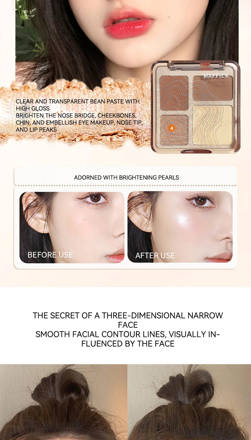 MAFFICK 4-Color Contour Palette:Matte Brightener, and Shimmer Highlight-Versatile Multi-Use Palette for Eye Shadow, Contouring,