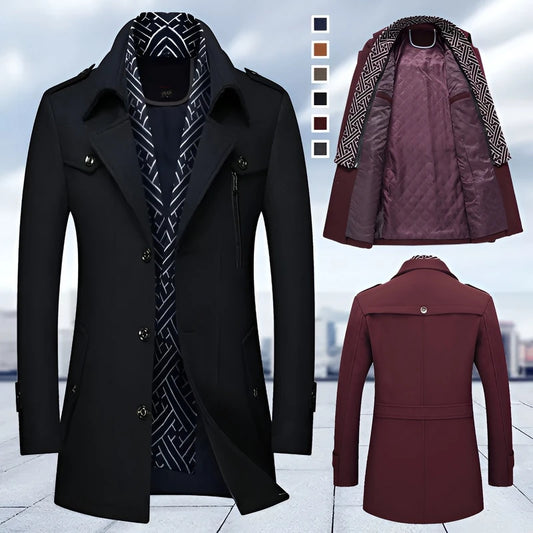 Men's Woolen Coats Fashion Thicken Mid Length Trench Turn Down Collar Warm Outerwear Business Casual Wool Coat