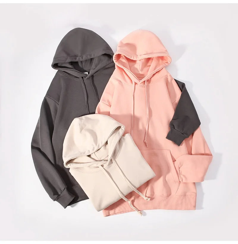 Solid Oversize Hoodies For Women Pocket Casual Loose Hooded Sweatshirt Woman Autumn Cotton Terry Hoodies Women Oversize Pullover