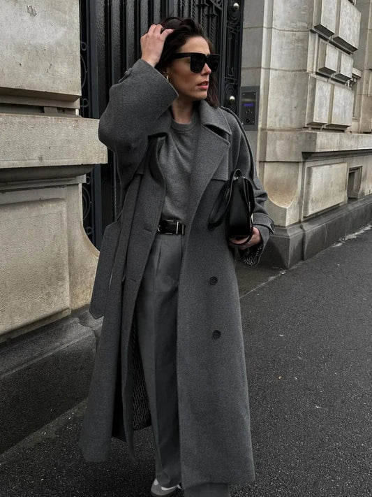 Woolen Breasted Long Coat Women Lapel Double Breasted Casual Pocket Chic Elegant Outwear Autumn Winter Street Lady Overcoat
