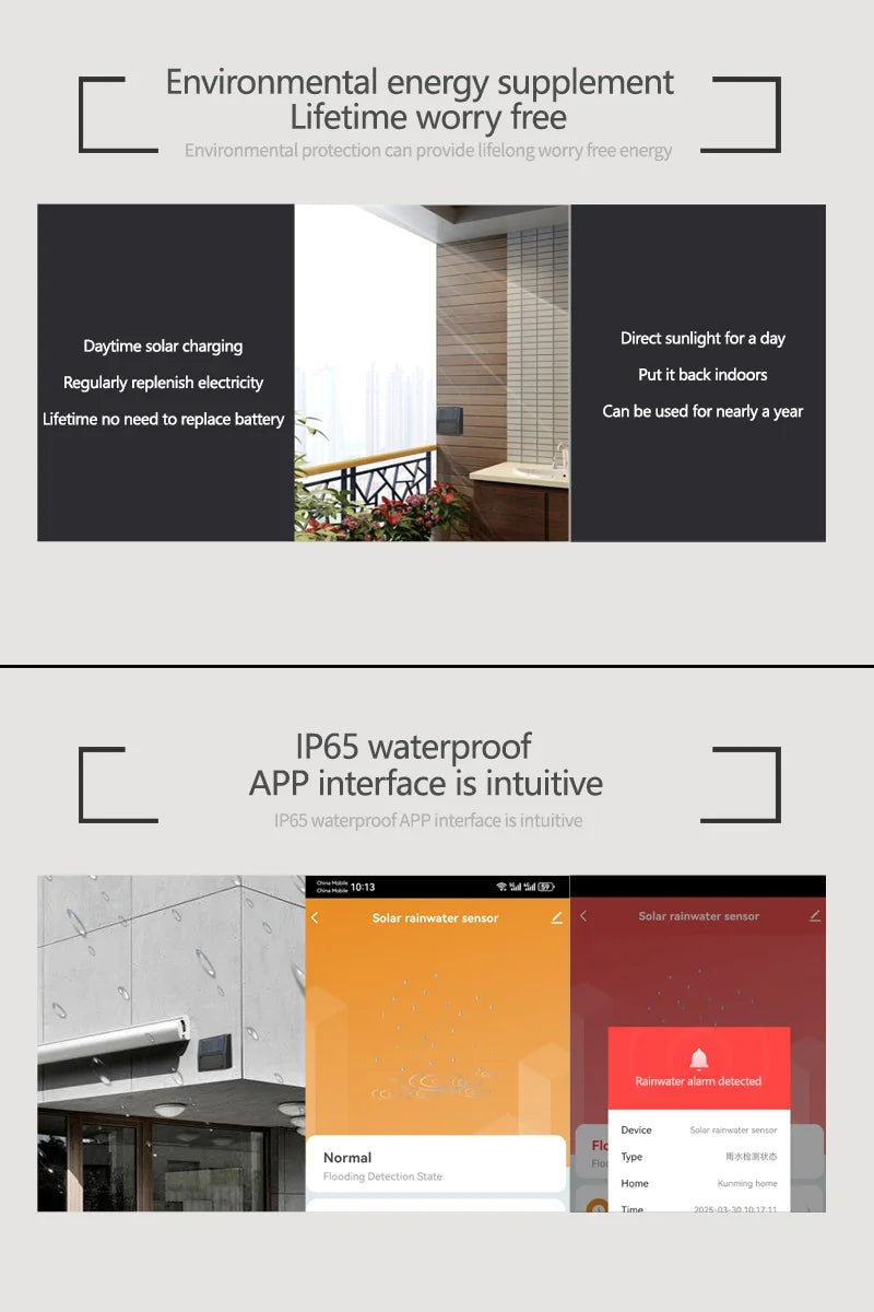 Smart Home Zigbee Solar Charging Real-time Rainwater Detector Smart Life App Controlled Wireless Solar Rain Sensors